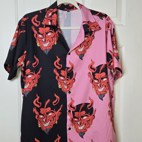 Hawaiian Devil Button Down Shirt Black & Pink Casual BOLD HARAJUKU STREETWEAR LG - Picture 15 of 17